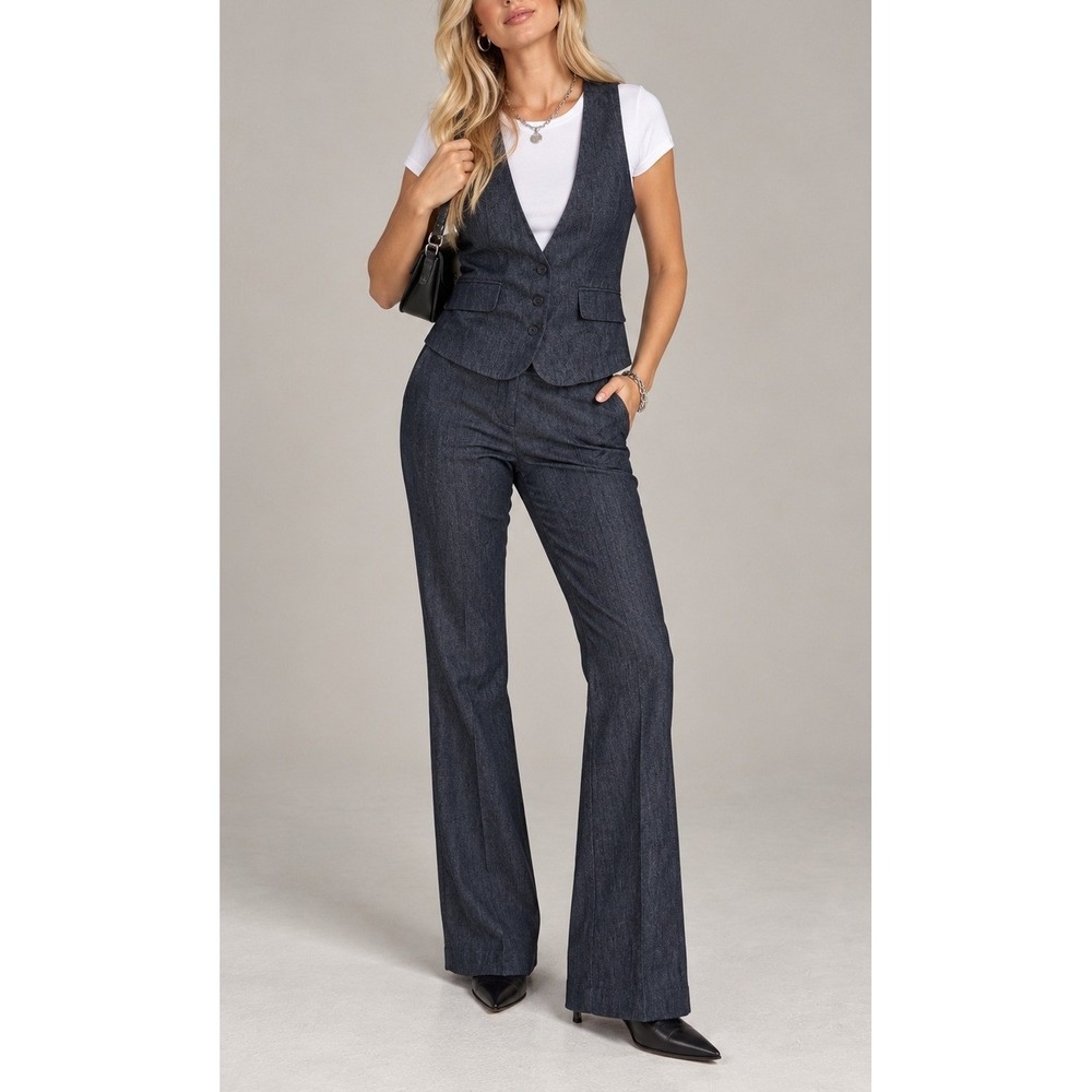 Y2K Vest Pants Set Womens Size 8 Dark Blue Tailored Waistcoat Flare Office Siren